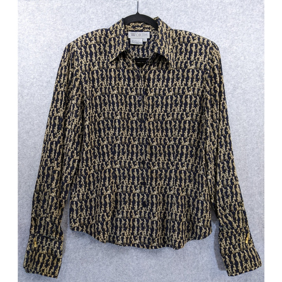 Vintage Worth Blouse Size 8 Silk Navy Gold Musicians Print Cuff Link‎ Sleeves - Picture 1 of 13